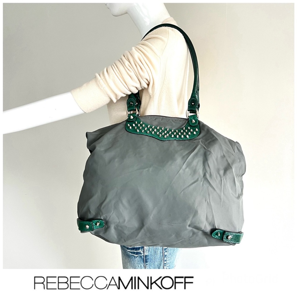 REBECCA MINKOFF Gray Nylon Green Leather Silver Studded Packable Shoulder Tote